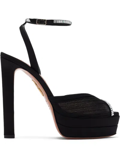 Aquazzura Be Mine Plateau 130 Crystal-embellished Grosgrain-trimmed Pleated Chiffon Platform Sandals In Black