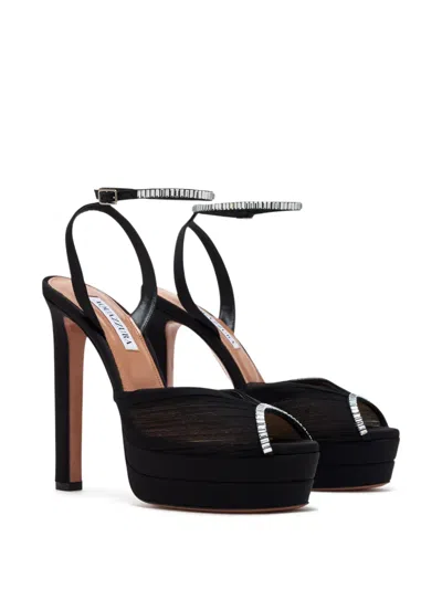 Aquazzura Be Mine Plateau 130 Crystal-embellished Grosgrain-trimmed Pleated Chiffon Platform Sandals In Black