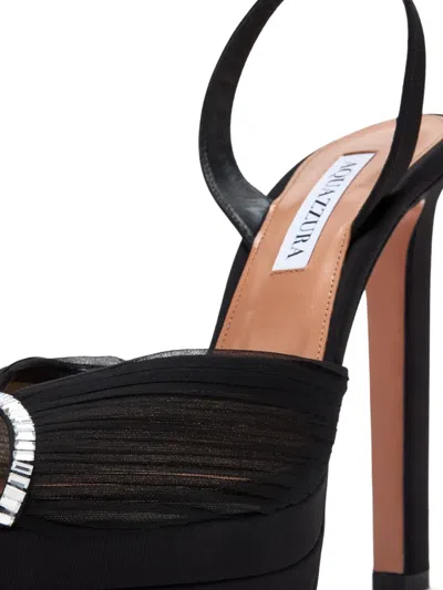 Aquazzura Be Mine Plateau 130 Crystal-embellished Grosgrain-trimmed Pleated Chiffon Platform Sandals In Black