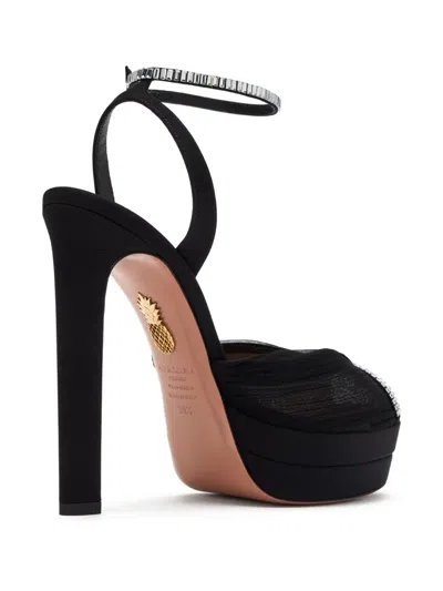 Aquazzura Be Mine Plateau 130 Crystal-embellished Grosgrain-trimmed Pleated Chiffon Platform Sandals In Black