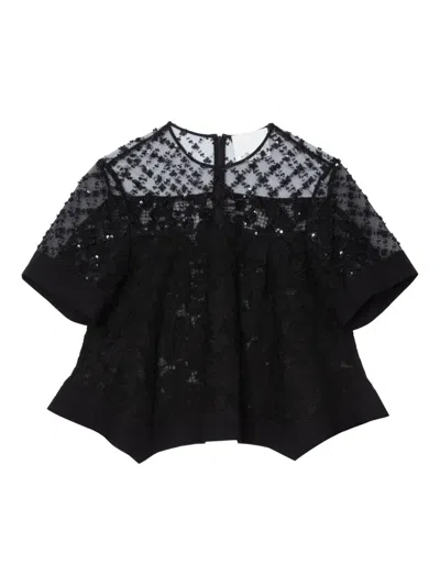 3.1 Phillip Lim Womens Black Flounce Short-sleeve Corded Lace Top