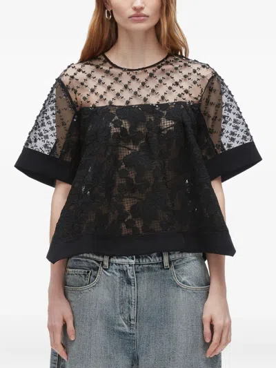 3.1 Phillip Lim Womens Black Flounce Short-sleeve Corded Lace Top