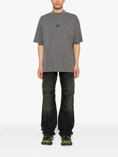 Balenciaga Men Grey Crewneck T-shirt With Logo Embroidery On The Front In Cotton Man In Black