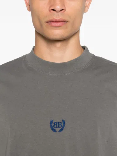 Balenciaga Men Grey Crewneck T-shirt With Logo Embroidery On The Front In Cotton Man In Black