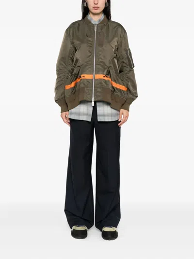 Sacai Short Jacket With Khaki Base And Orange Stripe Detail In Gray