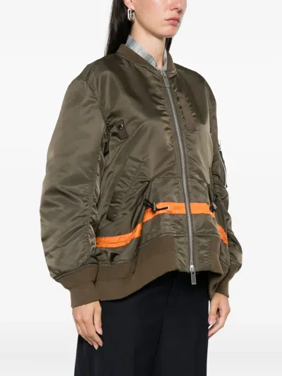Sacai Short Jacket With Khaki Base And Orange Stripe Detail In Gray