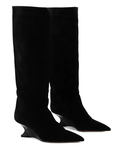 Paris Texas Pointed Toe Knee Length Suede Ankle Boots In Black