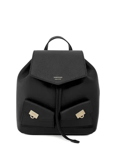 Ferragamo Structured Black Calf Leather Backpack With Flap Closure In Black