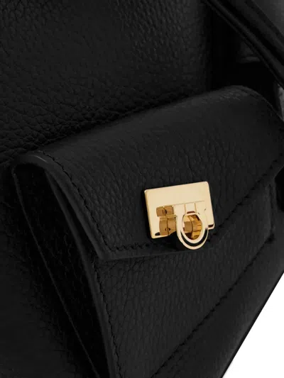 Ferragamo Structured Black Calf Leather Backpack With Flap Closure In Black
