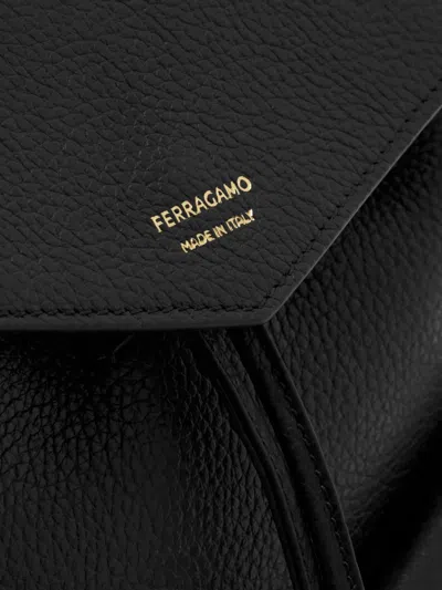 Ferragamo Structured Black Calf Leather Backpack With Flap Closure In Black