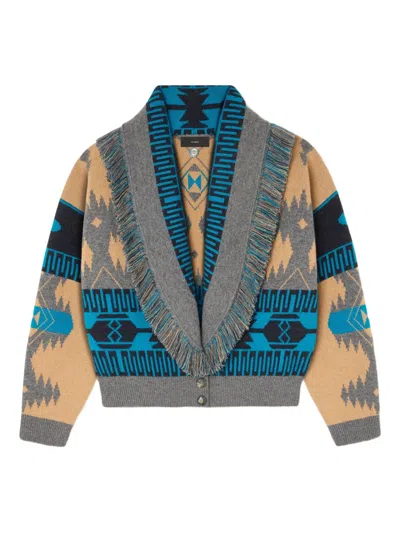 Alanui Geometric Jacquard Belted Fringe Cardigan In Blue