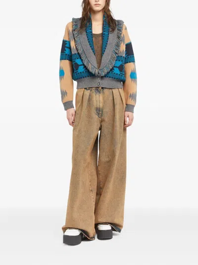 Alanui Geometric Jacquard Belted Fringe Cardigan In Blue