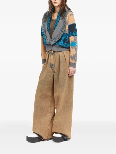 Alanui Geometric Jacquard Belted Fringe Cardigan In Blue