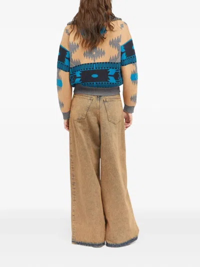 Alanui Geometric Jacquard Belted Fringe Cardigan In Blue