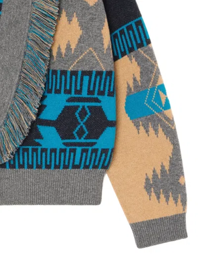 Alanui Geometric Jacquard Belted Fringe Cardigan In Blue