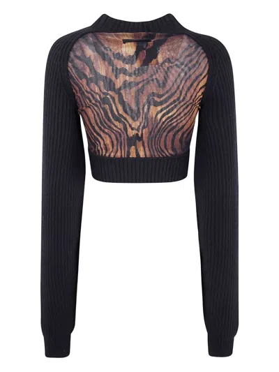 Jean Paul Gaultier Lambswool Ribbed Long Sleeves Cropped Sweater With Printed Mesh Cut Out Details In Black