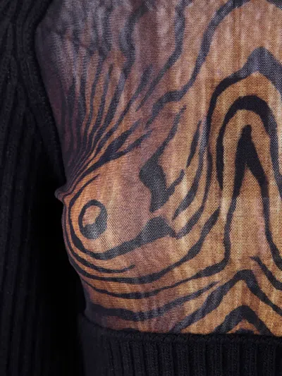 Jean Paul Gaultier Lambswool Ribbed Long Sleeves Cropped Sweater With Printed Mesh Cut Out Details In Black