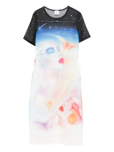Casablanca Multicolor Printed Mesh Midi Dress In Black