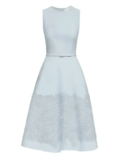 Oscar De La Renta Feather Scroll Guipure Wool Dress In Blue