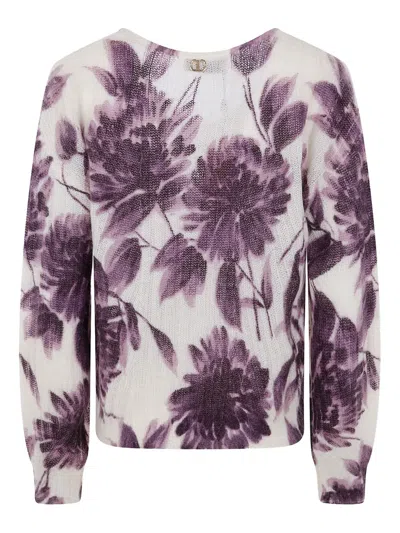 Twinset Twin-set Cropped Sweater With Floral Pattern And Textured Finish In White