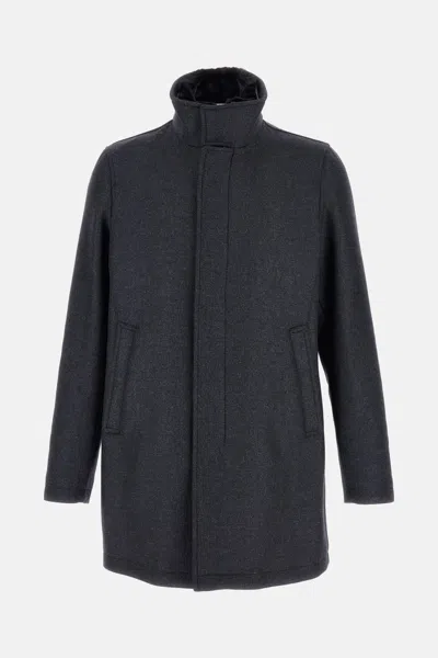 Herno High Neck Grey Wool Coat With Zip And Button Fastening In Gray
