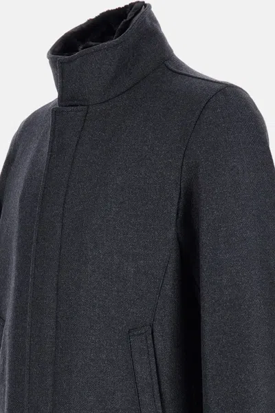 Herno High Neck Grey Wool Coat With Zip And Button Fastening In Gray