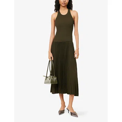 Alaïa Womens Olive Regular-fit Pleated Woven Midi Dress In Green