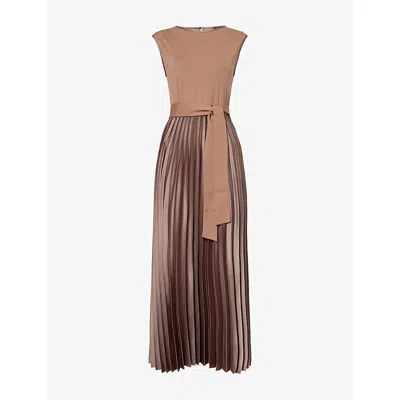 Weekend Max Mara Omens Brown Sleeveless Pleated Jersey And Satin Midi Dress In Brown