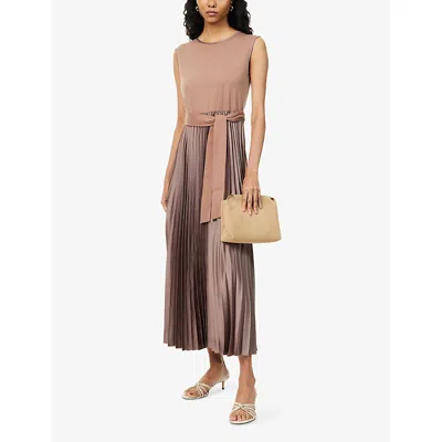 Weekend Max Mara Omens Brown Sleeveless Pleated Jersey And Satin Midi Dress In Brown