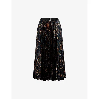 Sacai Womens Navy Floral Pleated Woven Midi Skirt In Black