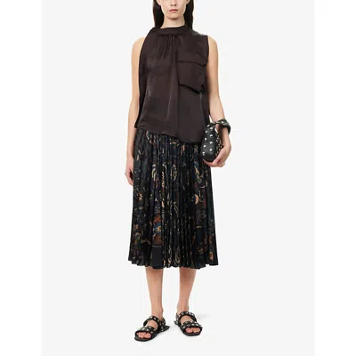 Sacai Womens Navy Floral Pleated Woven Midi Skirt In Black