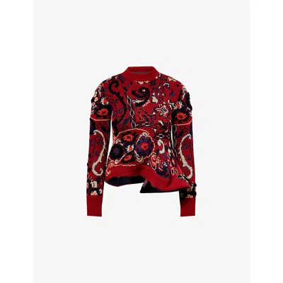 Sacai Womens Bordeaux Floral Wavy-hem Wool Jumper In Red