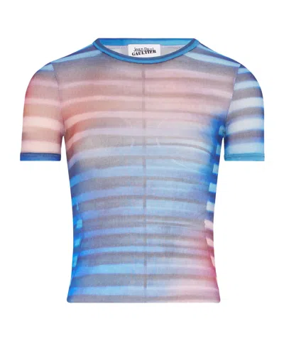 Jean Paul Gaultier Striped Slim Fit Round Neck Top In Blue