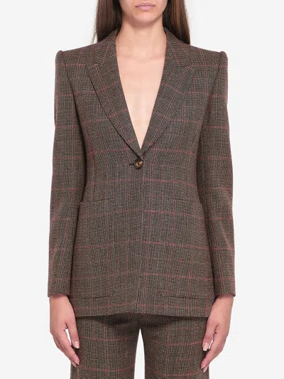 Chloé Slim Fit Plaid Wool Tailored Jacket In Brown