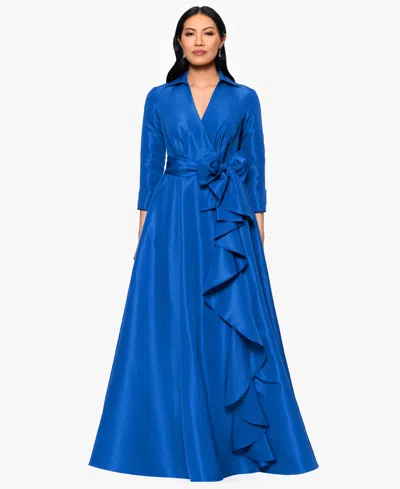 Betsy & Adam Ruffle Detail Taffeta Gown In Blue