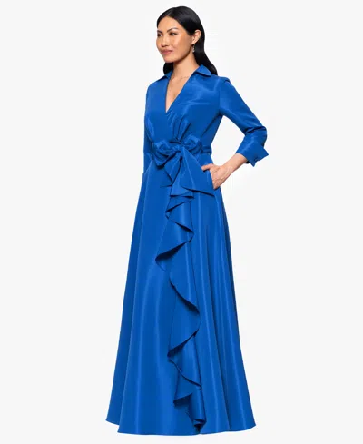 Betsy & Adam Ruffle Detail Taffeta Gown In Blue