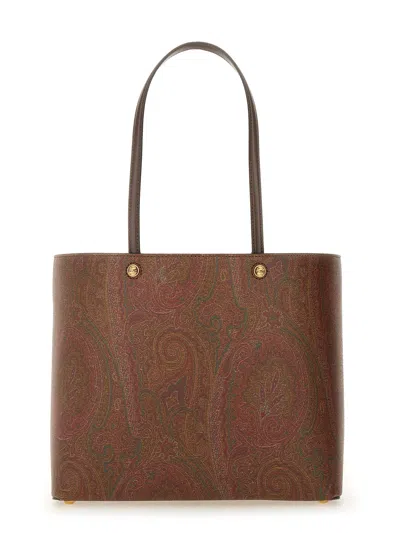 Etro Dark Brown Paisley Fabric Shopping L Bag In Multi