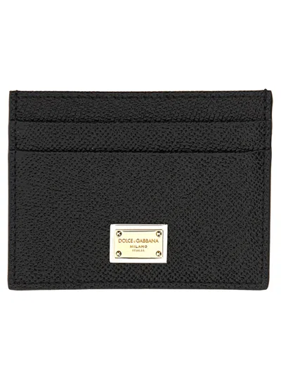 Dolce & Gabbana Black Leather Card Holder With Logo Plaque In Brown