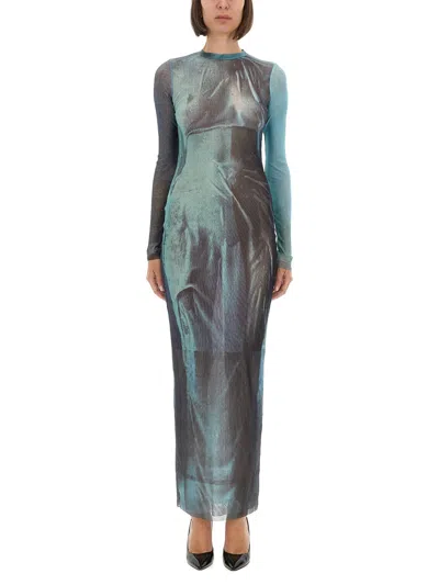 Jean Paul Gaultier "water" Mesh Long Dress In Blue