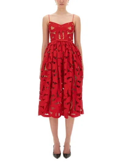 Self-portrait Embroidered Midi Dress With Bow In Red