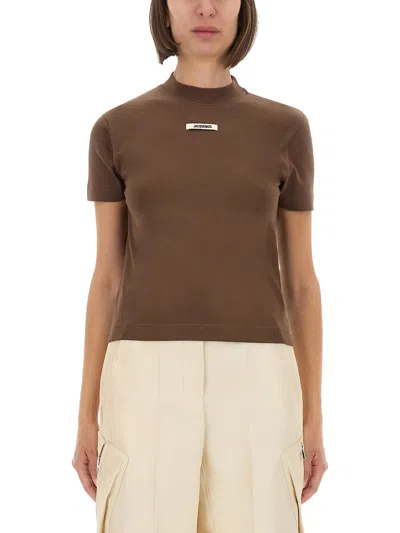 Jacquemus Crew Neck Box Cut Short Sleeve Top In Brown