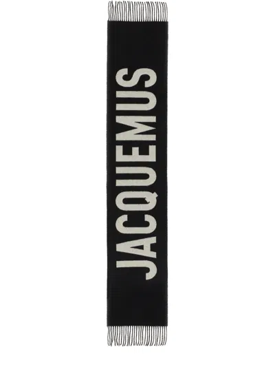 Jacquemus Long Rectangular Wool Scarf With Logo In Blue
