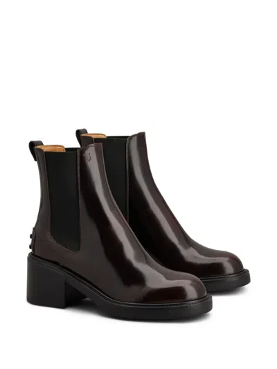Tod's Leather Chelsea Boots Chunky Heel Pull Tab In Burgundy