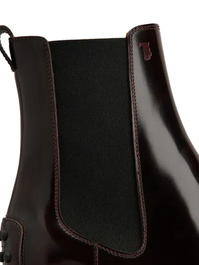 Tod's Leather Chelsea Boots Chunky Heel Pull Tab In Burgundy