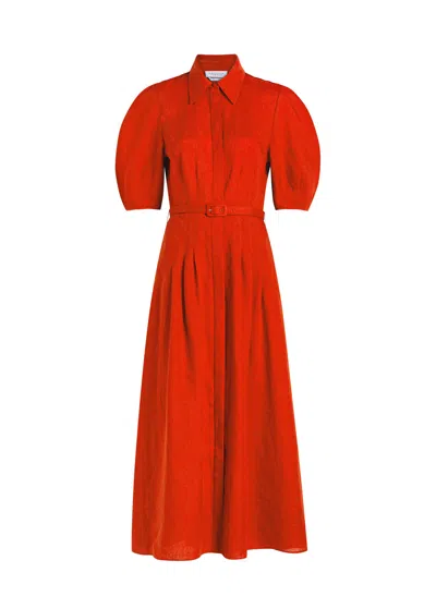 Gabriela Hearst Maude Pleated Midi Shirtdress In Antelope Orange Aloe Linen In Brown