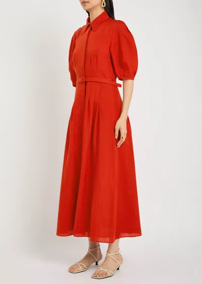 Gabriela Hearst Maude Pleated Midi Shirtdress In Antelope Orange Aloe Linen In Brown