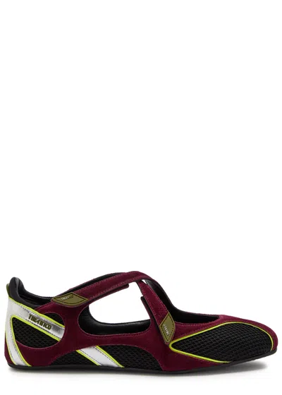 Attico Nomad Bordeaux Ballet Shoes With Criss-crossed Straps And Mesh Panels In Tech Fabric And Suede Woman In Burgundy