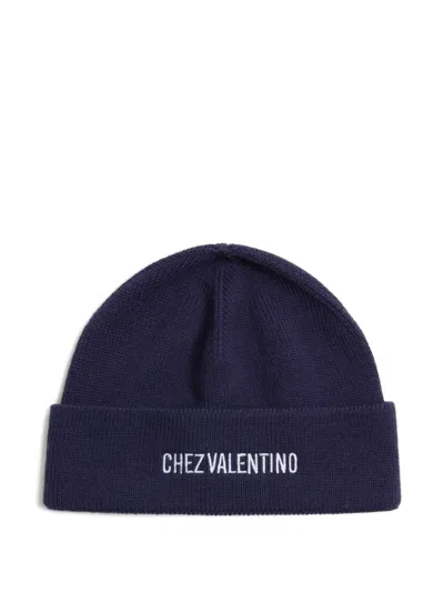 Valentino Garavani Cotton And Wool Blend Beanie With Turn-up Brim In Blue