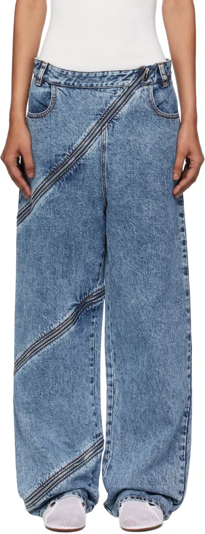 Alaïa Womens Bleu Vintage Spiral Zip-fastening Wide-leg High-rise Denim-blend Jeans In Blue