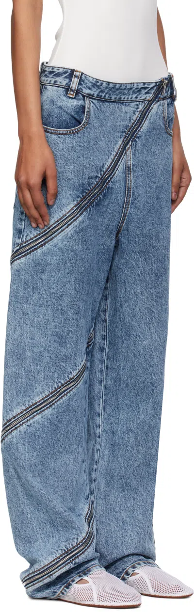 Alaïa Womens Bleu Vintage Spiral Zip-fastening Wide-leg High-rise Denim-blend Jeans In Blue